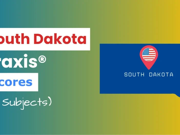 An image describing the purpose of the post which is to list the South Dakota Praxis Passing Scores. It has a blue-yellow gradient background with the map of South Dakota to the right and a text to the left that reads "South Dakota Praxis Scores"