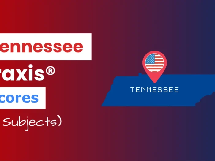An image describing the purpose of the post which is to list the Tennessee Praxis Passing Scores. It has a red-blue gradient background with the map of Tennessee to the right and a text to the left that reads "Tennessee Praxis Scores"