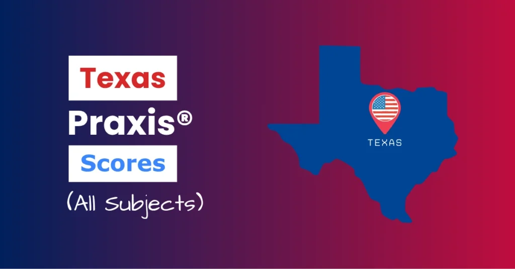 An image describing the purpose of the post which is to list the Texas Praxis Passing Scores. It has a blue-red gradient background with the map of Texas to the right and a text to the left that reads "Texas Praxis Scores"