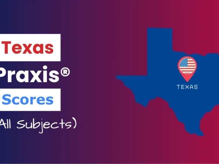 An image describing the purpose of the post which is to list the Texas Praxis Passing Scores. It has a blue-red gradient background with the map of Texas to the right and a text to the left that reads "Texas Praxis Scores"