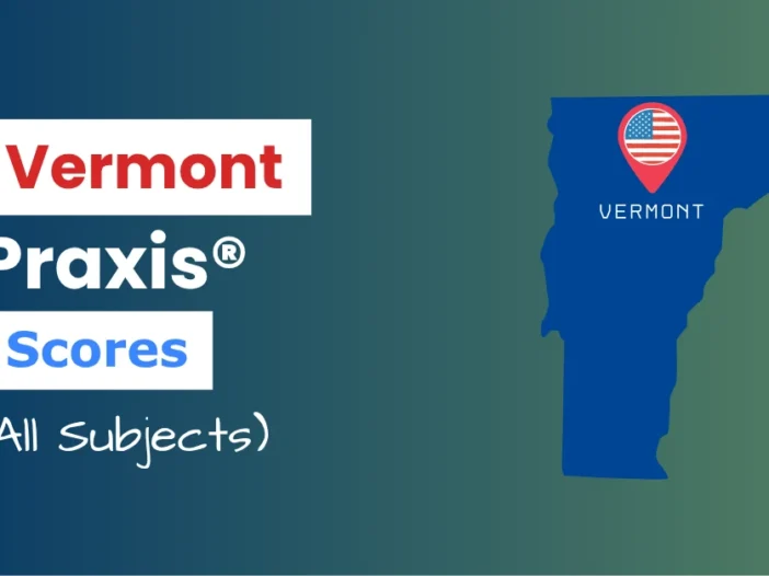 An image describing the purpose of the post which is to list the Vermont Praxis Passing Scores. It has a blue-green gradient background with the map of Vermont to the right and a text to the left that reads "Vermont Praxis Scores"