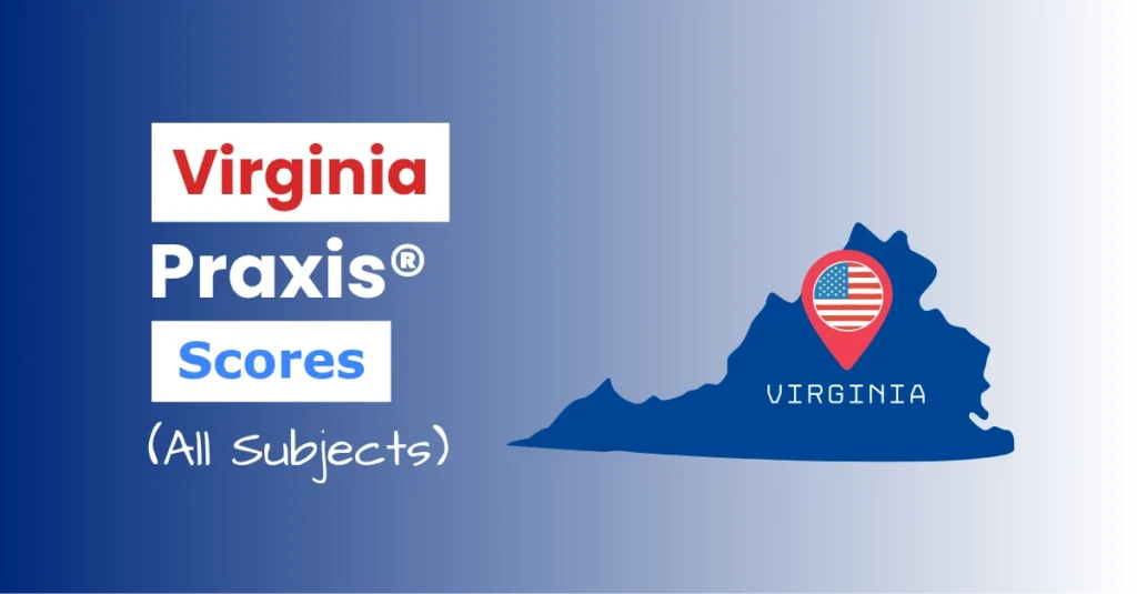 An image describing the purpose of the post which is to list the Virginia Praxis Passing Scores. It has a blue-white gradient background with the map of Virginia to the right and a text to the left that reads "Virginia Praxis Scores"