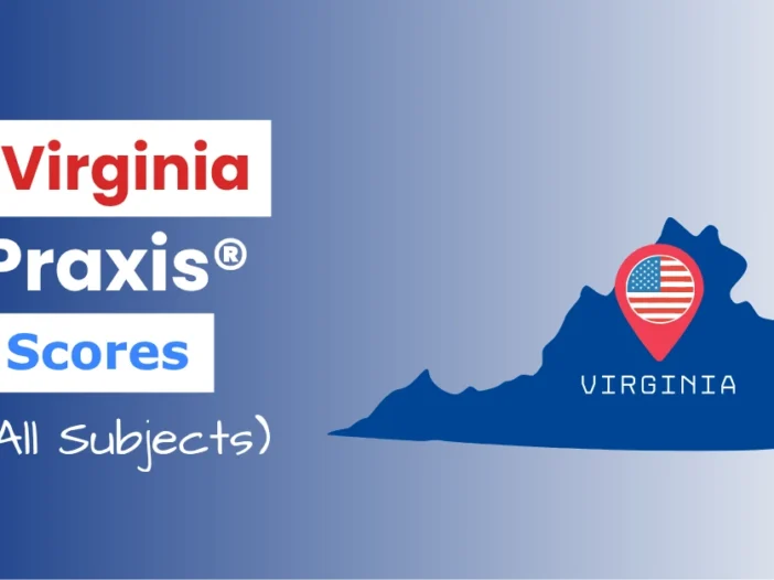 An image describing the purpose of the post which is to list the Virginia Praxis Passing Scores. It has a blue-white gradient background with the map of Virginia to the right and a text to the left that reads "Virginia Praxis Scores"