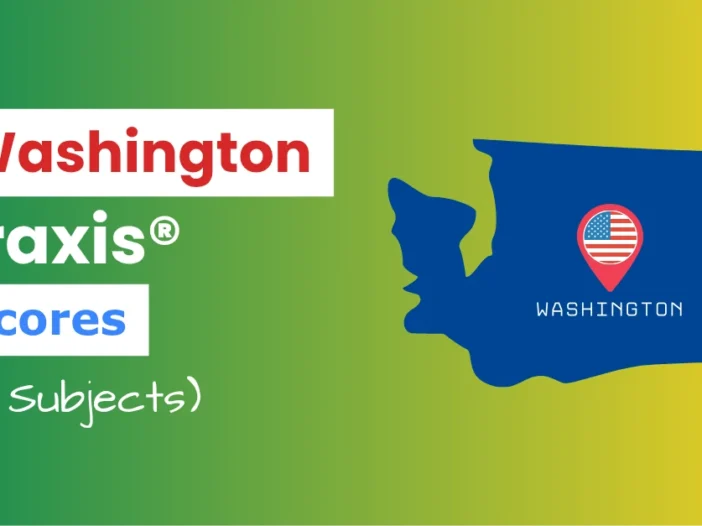 An image describing the purpose of the post which is to list the Washington Praxis Passing Scores. It has a green-yellow gradient background with the map of Washington to the right and a text to the left that reads "Washington Praxis Scores"
