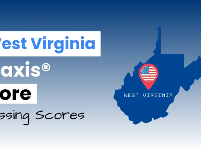 An image describing the purpose of the post which is to list the West Virginia Praxis Core Passing Scores. It has a blue-white gradient background with the map of West Virginia to the right.