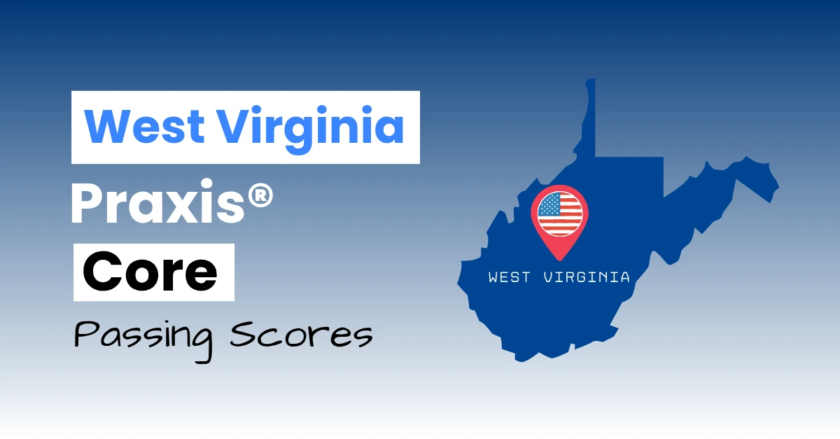 An image describing the purpose of the post which is to list the West Virginia Praxis Core Passing Scores. It has a blue-white gradient background with the map of West Virginia to the right.