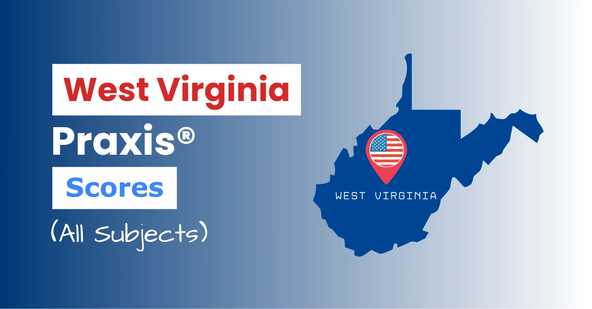 An image describing the purpose of the post which is to list the West Virginia Praxis Passing Scores. It has a blue-white gradient background with the map of West Virginia to the right and a text to the left that reads "West Virginia Praxis Scores"