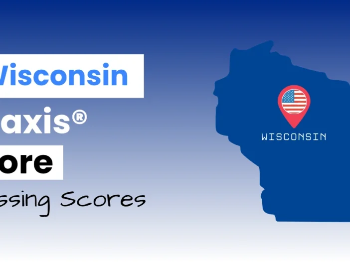 An image describing the purpose of the post which is to list the Wisconsin Praxis Core Passing Scores. It has a blue-white gradient background with the map of Wisconsin to the right.