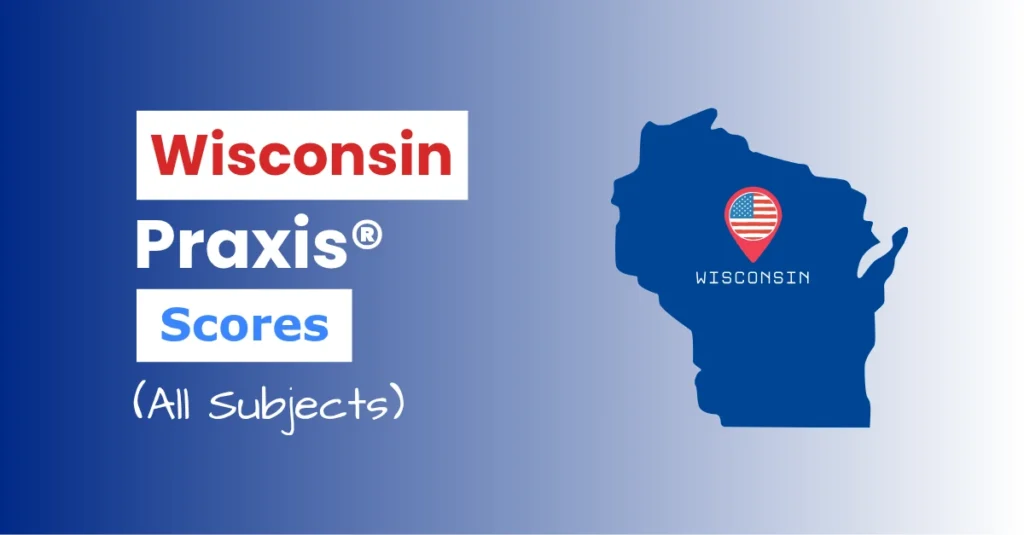 An image describing the purpose of the post which is to list the Wisconsin Praxis Passing Scores. It has a blue-white gradient background with the map of Wisconsin to the right and a text to the left that reads "Wisconsin Praxis Scores"