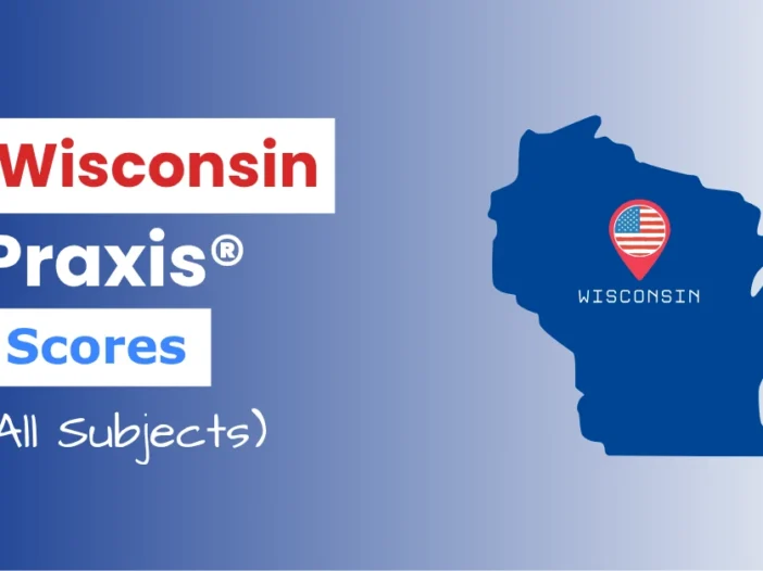 An image describing the purpose of the post which is to list the Wisconsin Praxis Passing Scores. It has a blue-white gradient background with the map of Wisconsin to the right and a text to the left that reads "Wisconsin Praxis Scores"