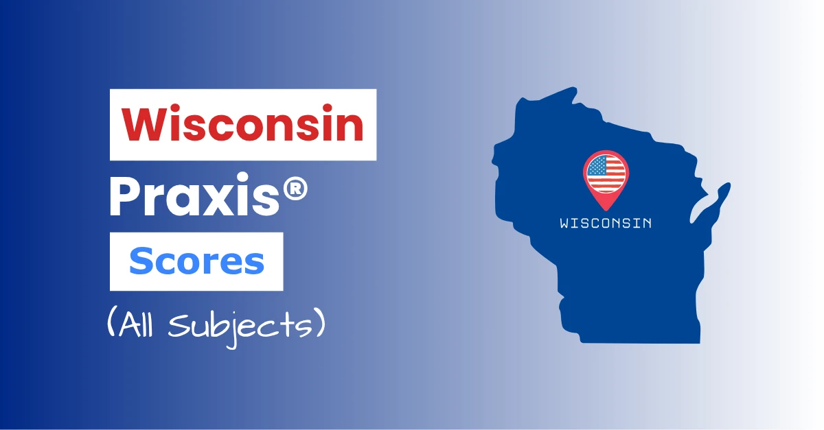 An image describing the purpose of the post which is to list the Wisconsin Praxis Passing Scores. It has a blue-white gradient background with the map of Wisconsin to the right and a text to the left that reads "Wisconsin Praxis Scores"