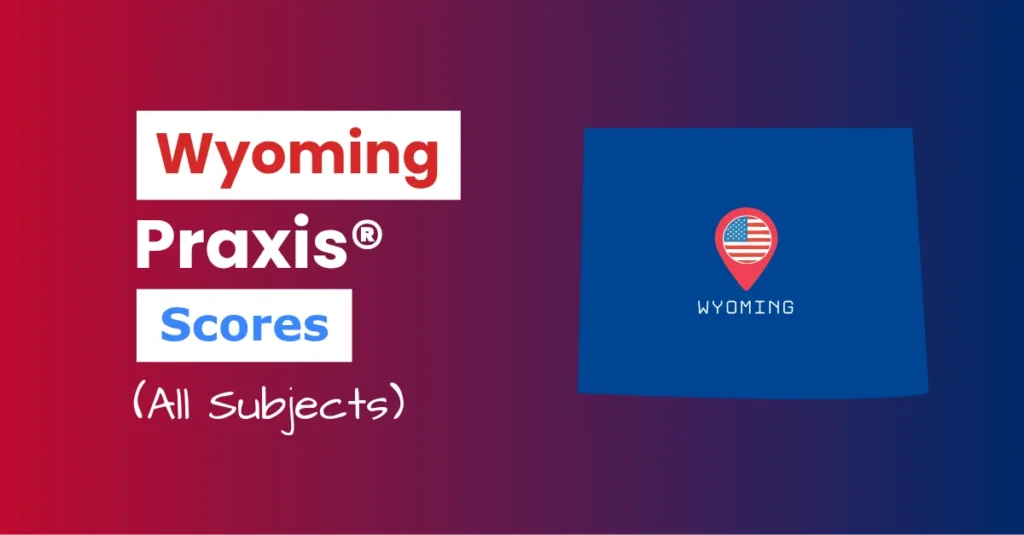 An image describing the purpose of the post which is to list the Wyoming Praxis Passing Scores. It has a red-blue gradient background with the map of Wyoming to the right and a text to the left that reads "Wyoming Praxis Scores"