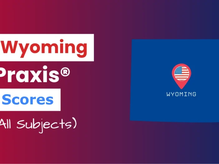 An image describing the purpose of the post which is to list the Wyoming Praxis Passing Scores. It has a red-blue gradient background with the map of Wyoming to the right and a text to the left that reads "Wyoming Praxis Scores"