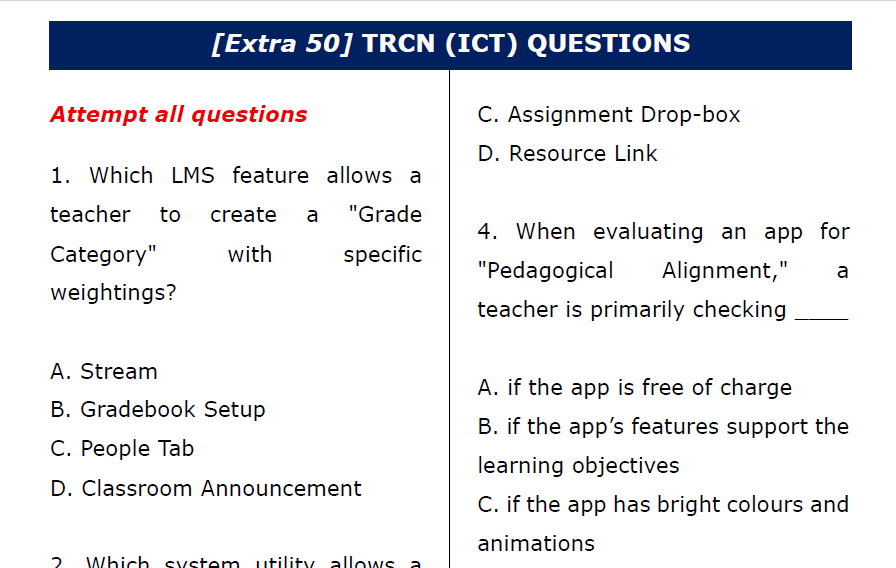 Sample of extra TRCN questions on ICT to be downloaded as PDF