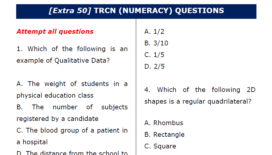 Sample of extra TRCN questions on Numeracy to be downloaded as PDF