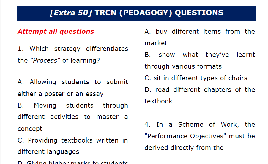 Extra TRCN questions on Pedagogy