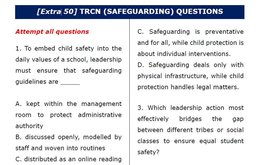 Sample of extra TRCN questions on Safeguarding to be downloaded as PDF