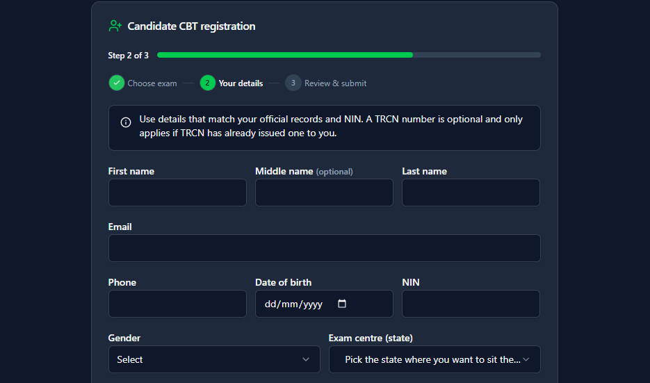 TRCN exam registration form