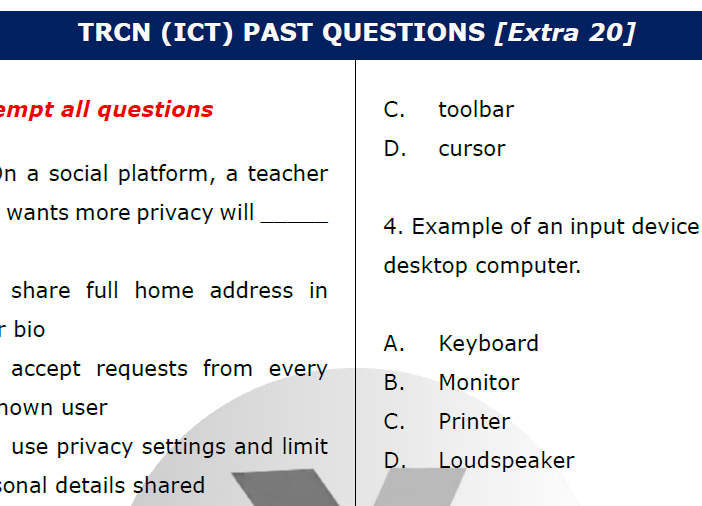 Sample of extra TRCN questions on ICT to be downloaded as PDF