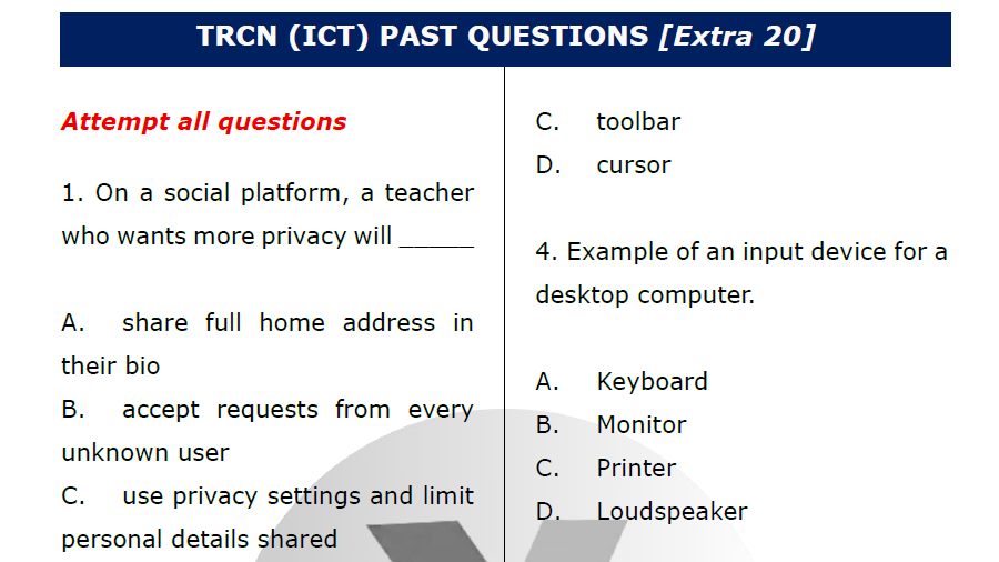 Sample of extra TRCN questions on ICT to be downloaded as PDF