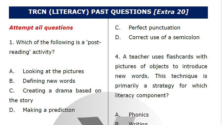 Sample of extra TRCN questions on Literacy to be downloaded as PDF