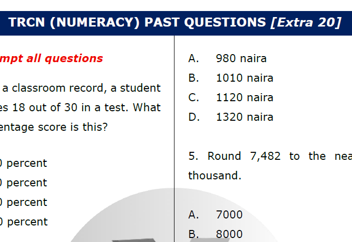 Sample of extra TRCN questions on Numeracy to be downloaded as PDF