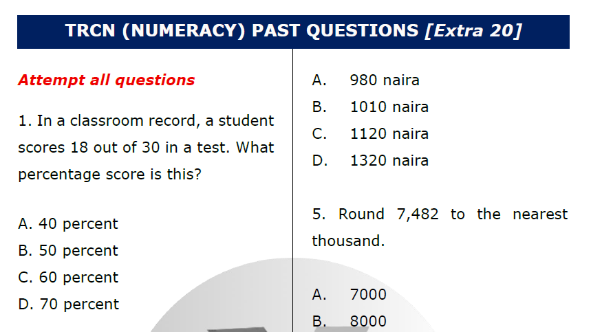 Sample of extra TRCN questions on Numeracy to be downloaded as PDF
