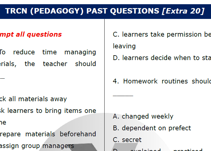 Sample of extra TRCN questions on Pedagogy to be downloaded as PDF