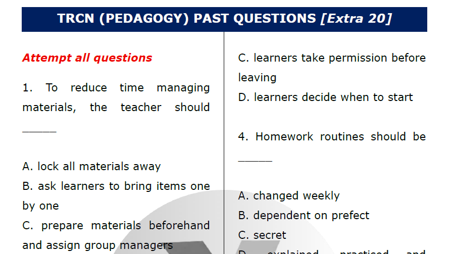 Sample of extra TRCN questions on Pedagogy to be downloaded as PDF