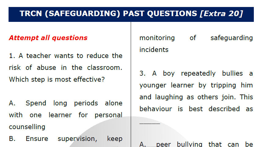 Sample of extra TRCN questions on Safeguarding to be downloaded as PDF