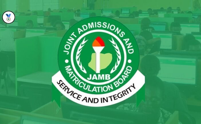 Logo for JAMB exam guide in full display on a blur background of candidates taking the JAMB exam