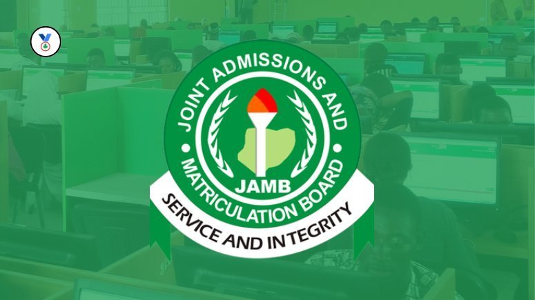 Logo for JAMB exam guide in full display on a blur background of candidates taking the JAMB exam