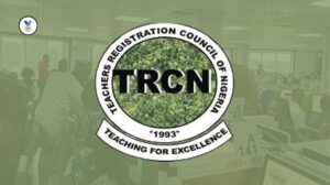 TRCN logo in full display on a blur background of candidates taking the TRCN exam