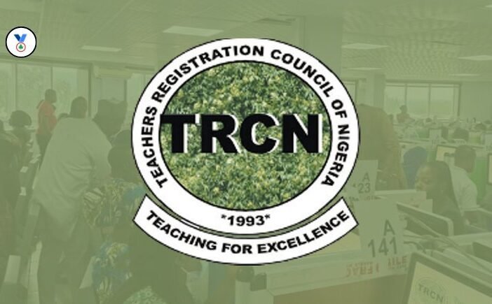 Logo for TRCN exam guide in full display on a blur background of candidates taking the TRCN exam