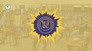 WAEC logo in full display on a blur background of candidates taking the WAEC exam